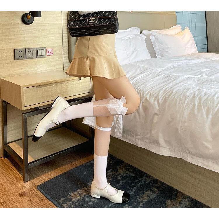 Tất vớ cao đến bắp chân Viền Trong Suốt Đính Nơ phong cách thời trang Lolita Nhật Bản, cá tính cho nữ - khositatvo Voan Màu Đen