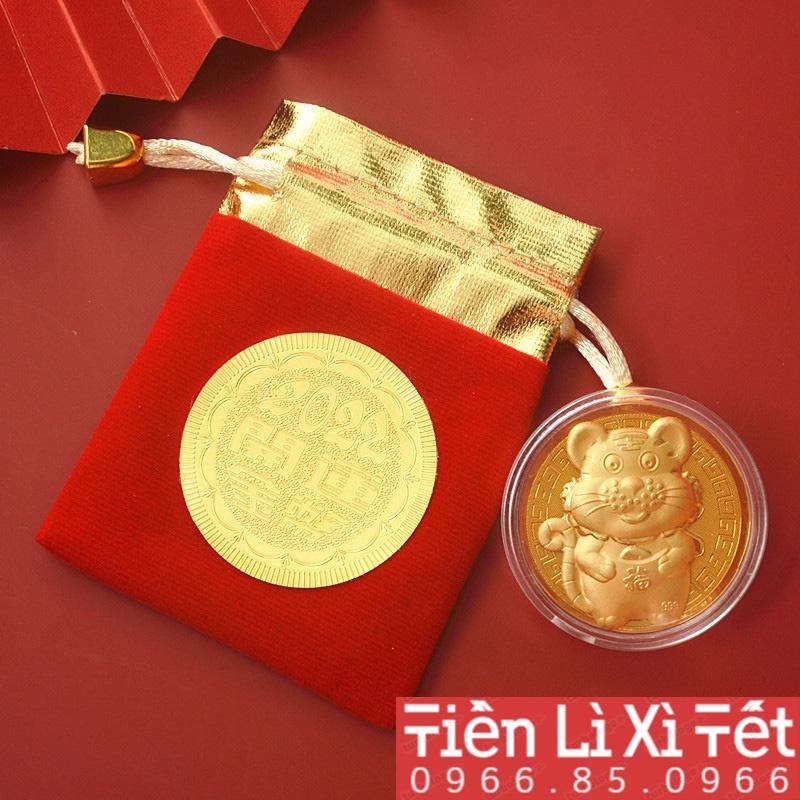 Đồng xu hình con hổ cọp 2022 kèm túi đỏ may mắn