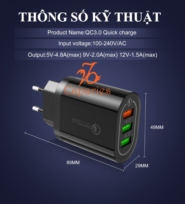 Củ Sạc 3 USB 18W Nhanh Quick Charge 3.0 - Chính Hãng CAPARIES VIỆT NAM