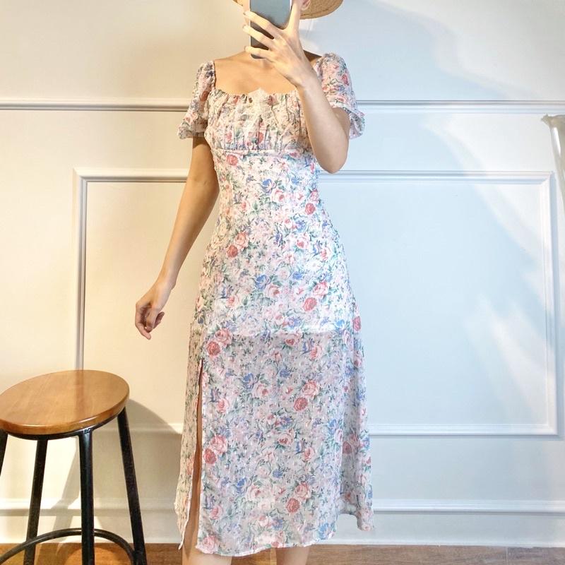 Đầm voan hoa thêu nhún ngực, xẻ tà, dáng xoè - AUDREY STUDIO