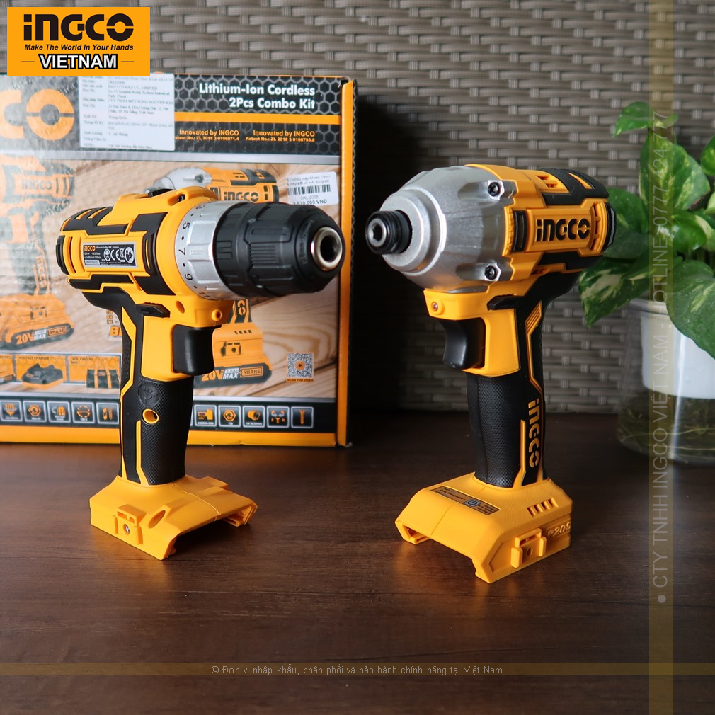 Bộ combo máy Khoan và máy siết vít dùng pin 20V INGCO CKLI2006 gồm 2 pin 20V 2.0Ah và 1 sạc.