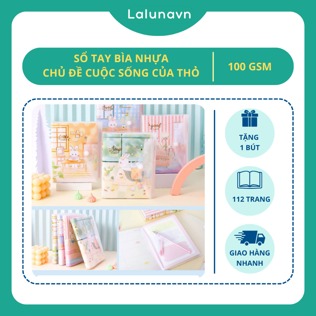 Sổ tay ghi chép hoạt hình dễ thương,sổ tay bìa nhựa chủ đề Cuộc sống của thỏ Lalunavn B180