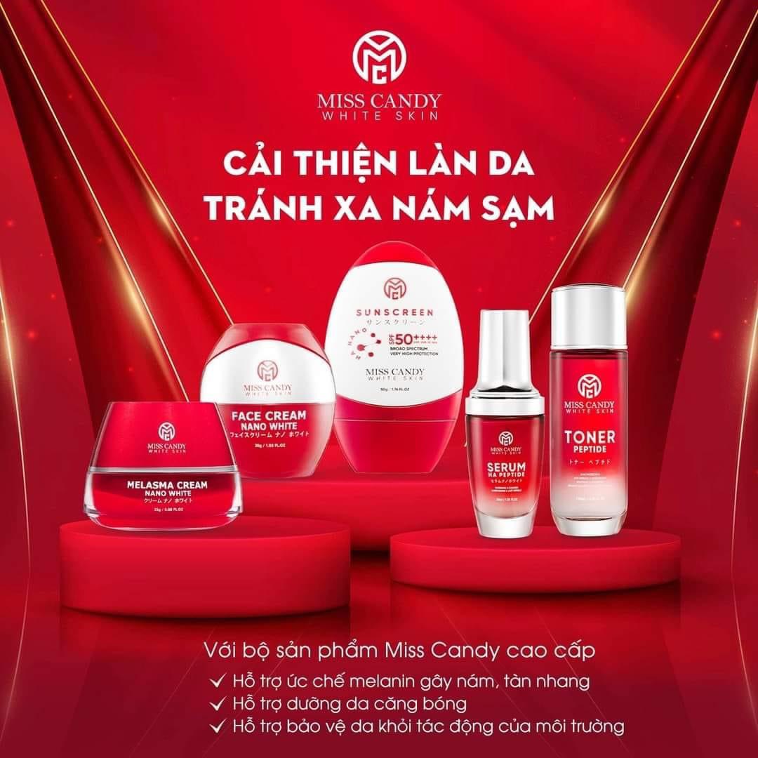 Bộ 5 Sản Phẩm Trắng Da Mờ Thâm, Sạm, Nám, Tàn Nhang MISS CANDY Gồm: Serum HA Peptide 30ml + Kem Nám Sâm Nhung Hoàng Kim 25g + Kem Dưỡng Trắng Da Face Nano 30g + Kem Chống Nắng Dưỡng Trắng Da 50g + Nước Hoa Hồng Tái Sinh Làn Da 120ml