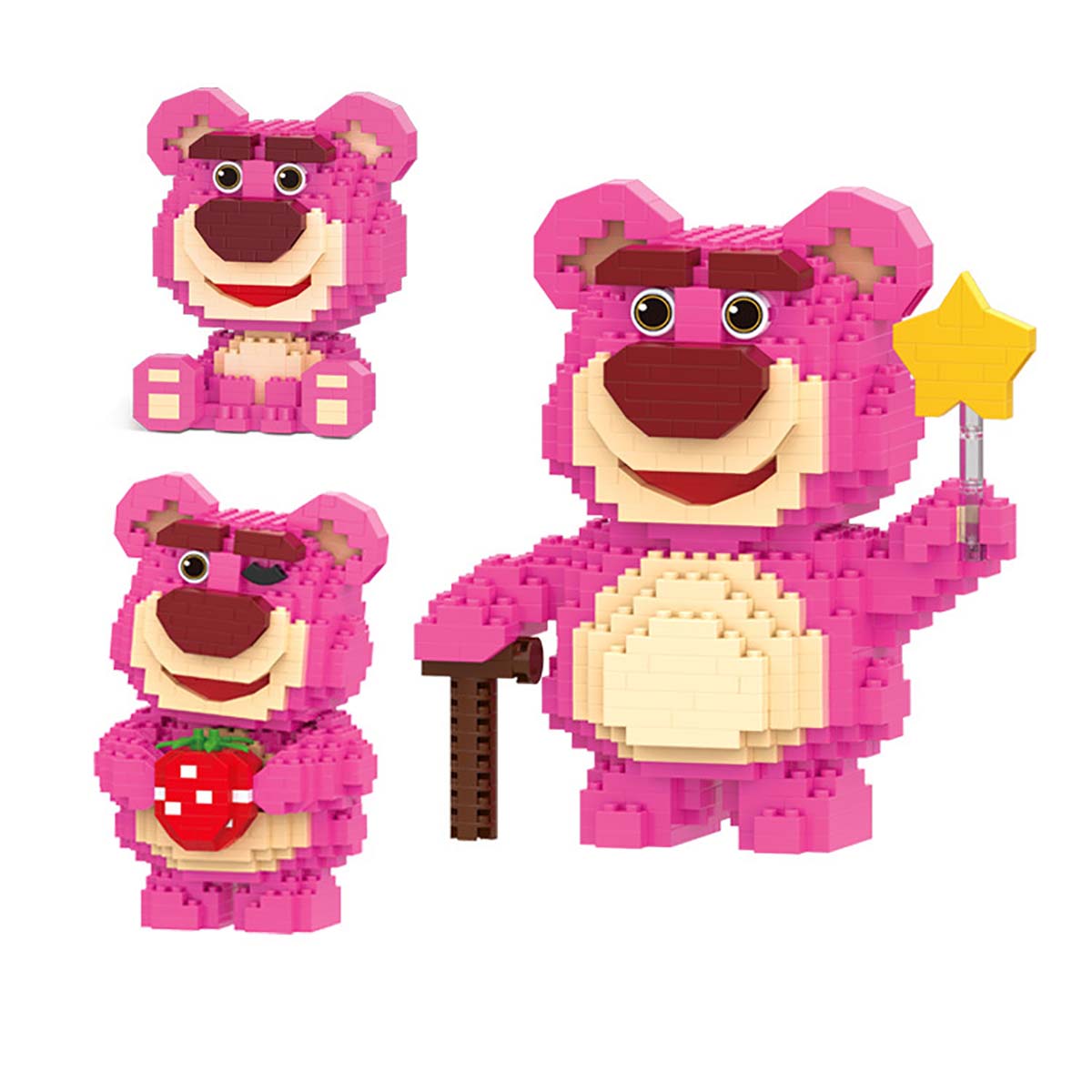 Mô Hình Lắp Ráp Gấu Dâu Lotso Cầm Ôm Trái Dâu Búa Ngôi Sao Ngủ Hộp Quà Phụ Kiện Xếp Hình Miniso Mini Nhỏ