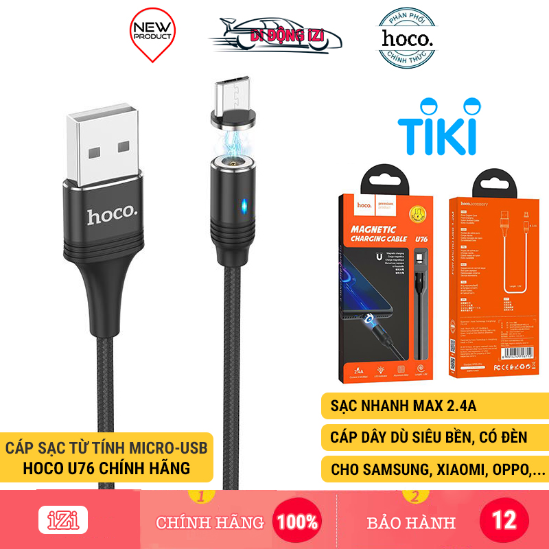 Cáp Sạc Nam Châm Cho Samsung, Xiaomi, Oppo... Hoco U76 - Dây Sạc Micro-USB Từ Tính Báo Đèn, Cáp Dù Siêu Bền - Hàng Chính Hãng