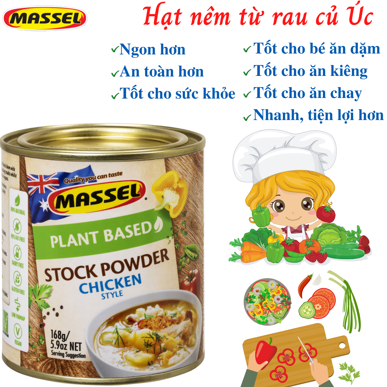 Hạt nêm rau củ Massel Úc 100% từ rau củ thảo mộc bảo vệ sức khỏe, dành cho ăn chay, ăn mặn, ăn kiêng, và cho bé ăn dặm - Massel Official