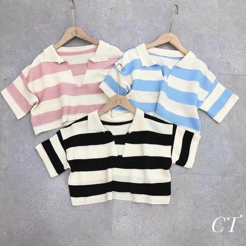 Áo len mongtoghi croptop kẻ ngang cổ đức xẻ V