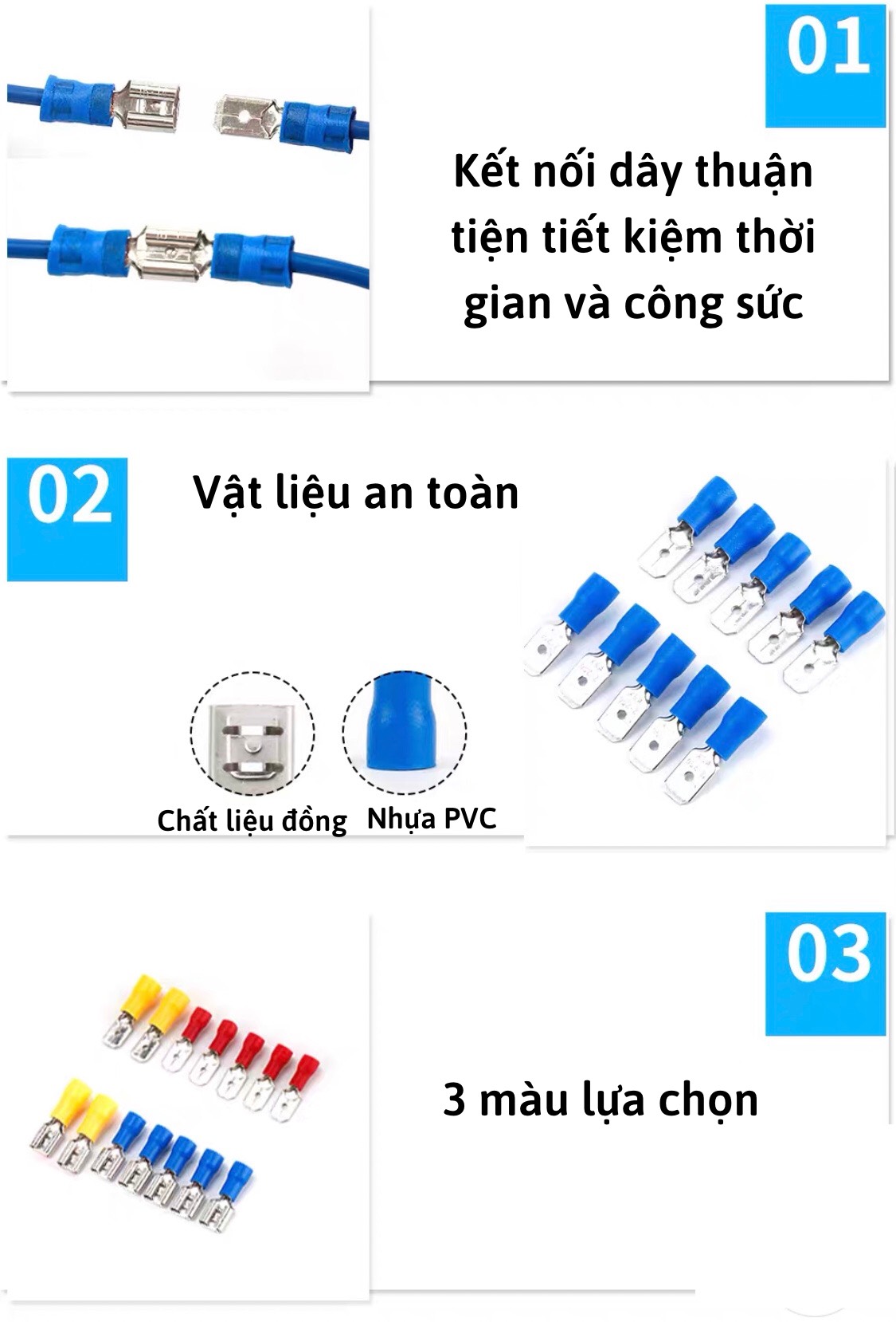 Combo 100c Đầu Cos Gài, cos ghim đực cái,cốt ghim dẹp đực cái, đầu cosse cắm đực cái