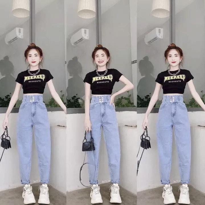 Quần baggy jean nữ cạp cao 2 hàng nút  lưng cao lai cuốn mẫu mới hot Thuydieushop m4