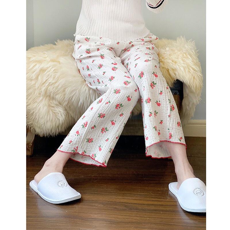 Quần dài nữ mặc nhà, ngủ vải xô cotton mềm nhẹ viền gấu nữ tính