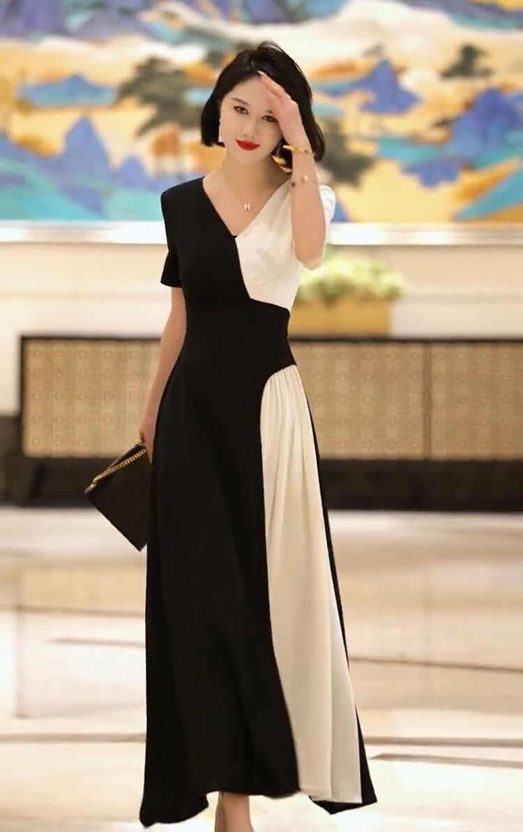 Đầm maxi phối màu đen trắng