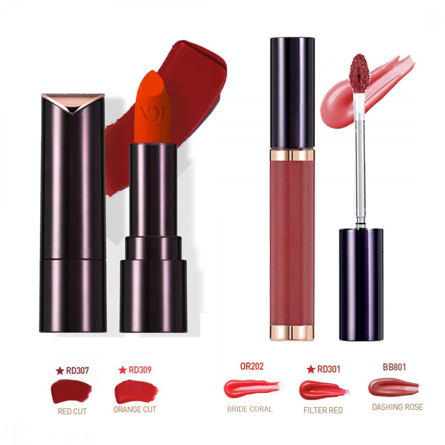 Bộ trang điểm môi VDIVOV son lì Lip Cut Rouge Velvet RD307 RED CUT 3.8g, son bóng Lip Cut Shine Gloss DASHING ROSE 5g