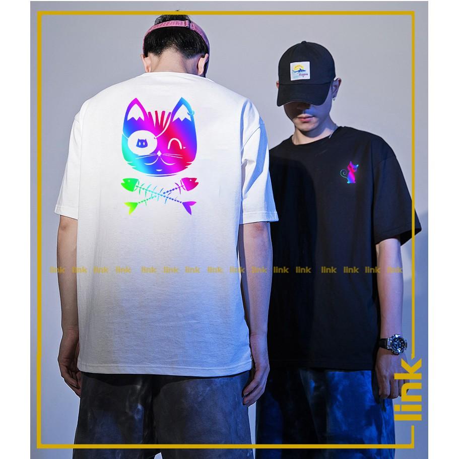 Áo thun phản quang đa sắc Cá và Mèo tay lỡ unisex