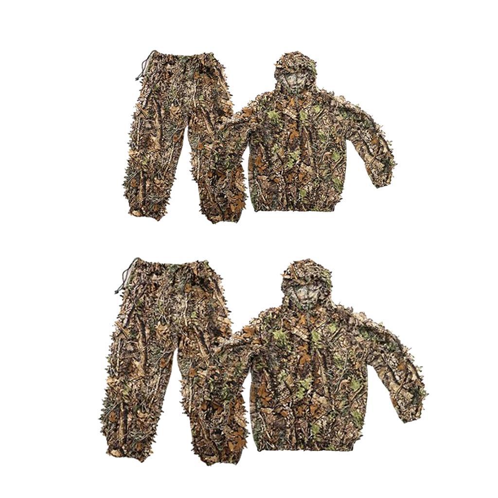2x Breathable Leafy Camo Hooded Stretchy Ghillie Suits Clothes Jacket Pants Lightweight for Child Unisex Outdoor Hunting Shooting Wildlife Photography