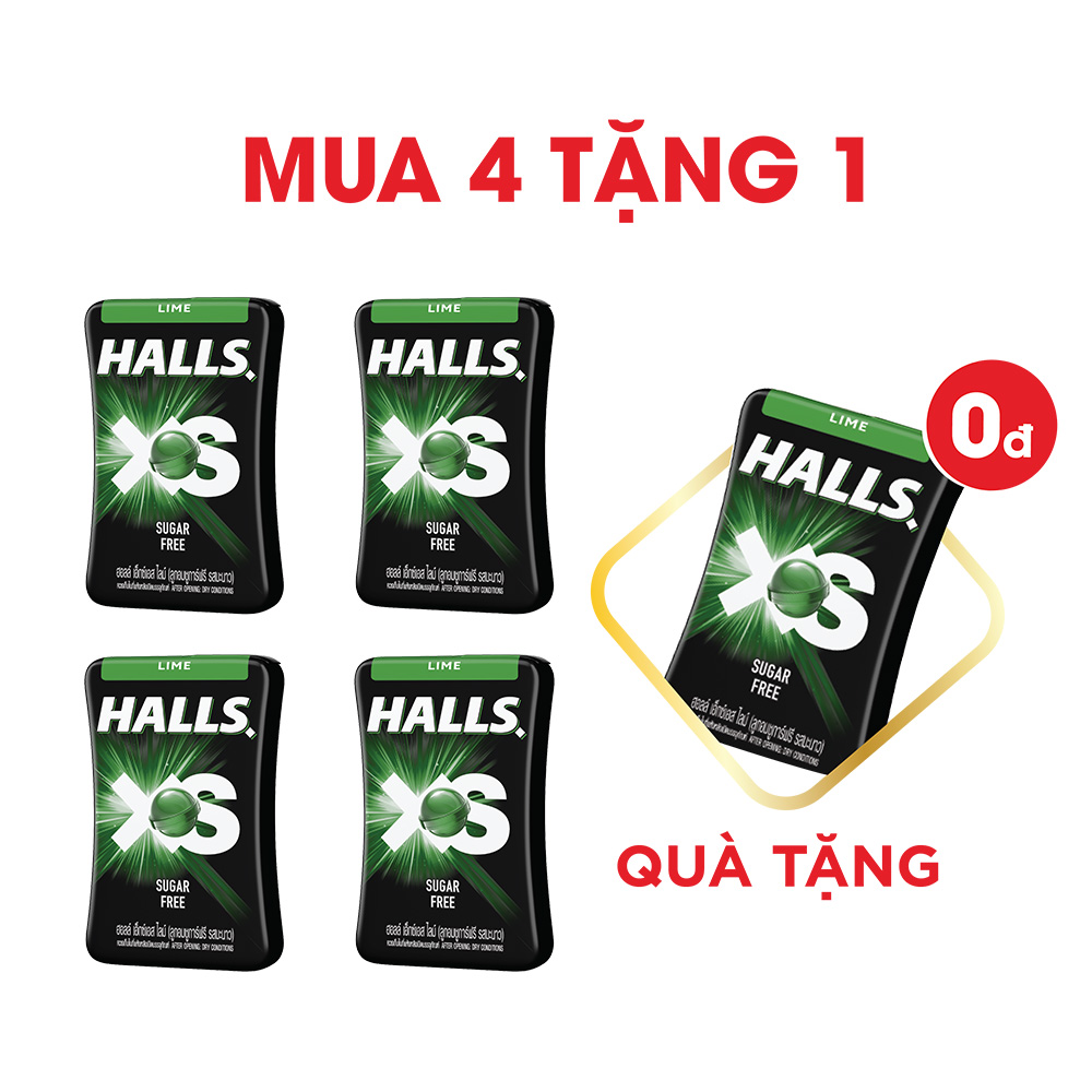 [Mua 4 Tặng 1] Combo 4 Hộp Kẹo Ngậm Không Đường Halls XS Vị Chanh 4x13.8g