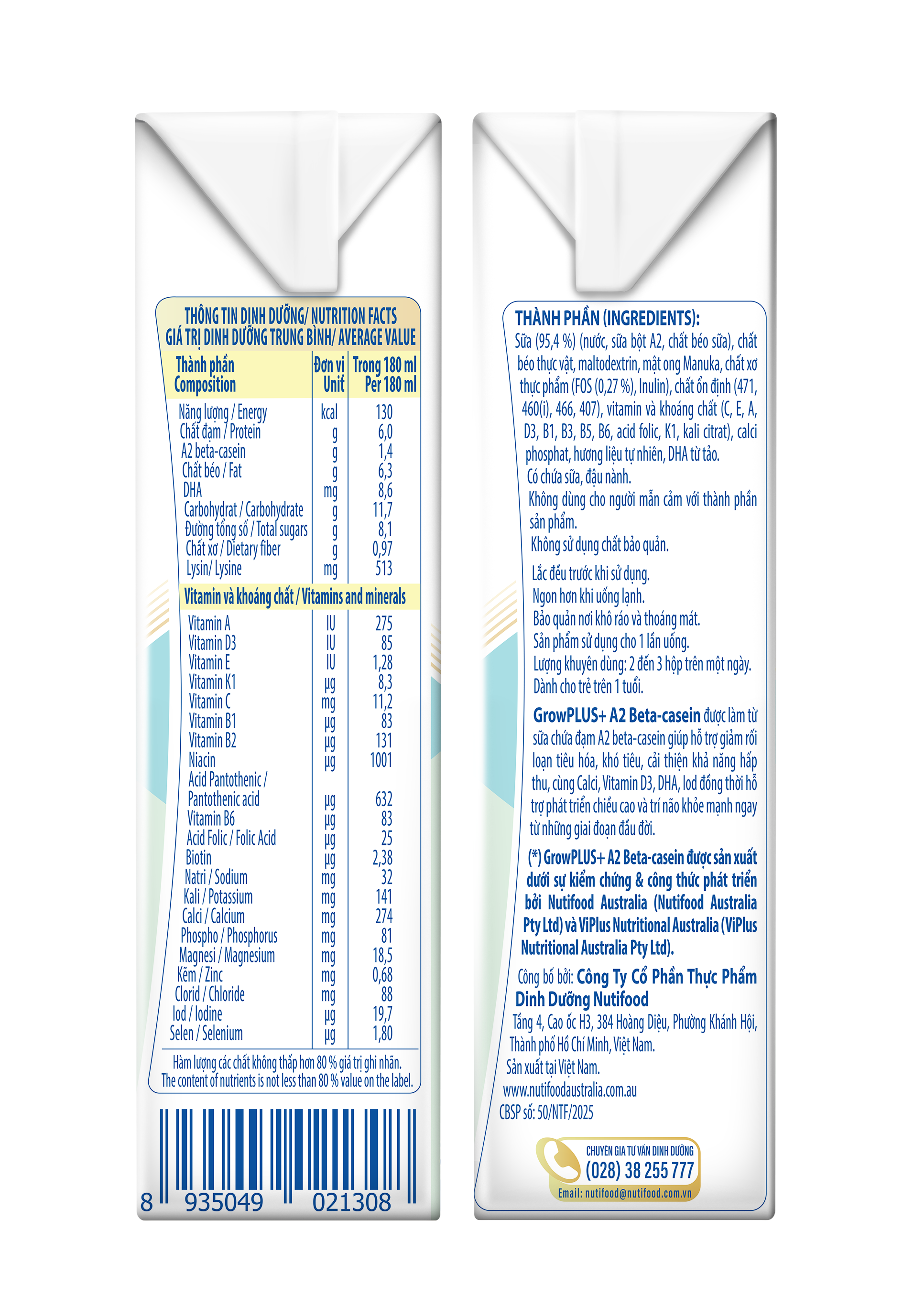 Thùng Sữa uống dinh dưỡng GrowPLUS+ A2 Beta-casein ((24 hộp x 180ml)