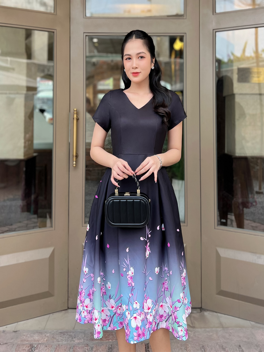 [HCM] Đầm xòe in chân hoa 3D thanh lịch AD074 - Khánh Linh Style