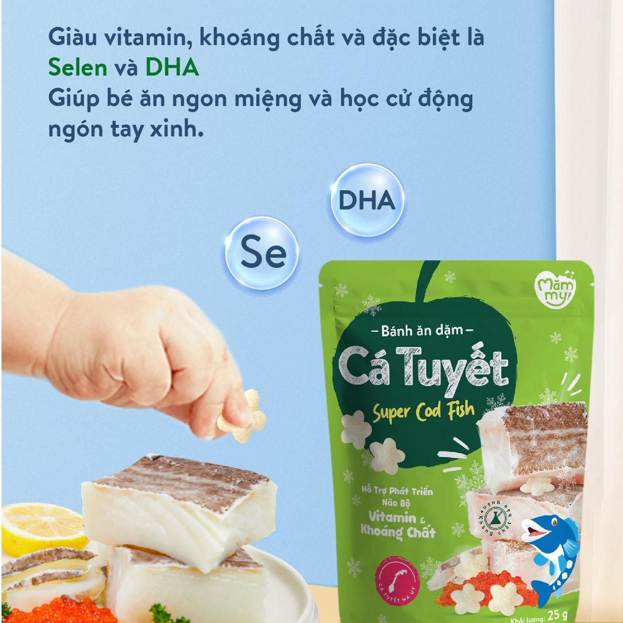 Bánh ăn dặm cho bé vị cá tuyết Mămmy giàu protein, bổ sung DHA giúp bé ăn ngon, tập cử động ngón tay vừa ăn vừa học 25 gram