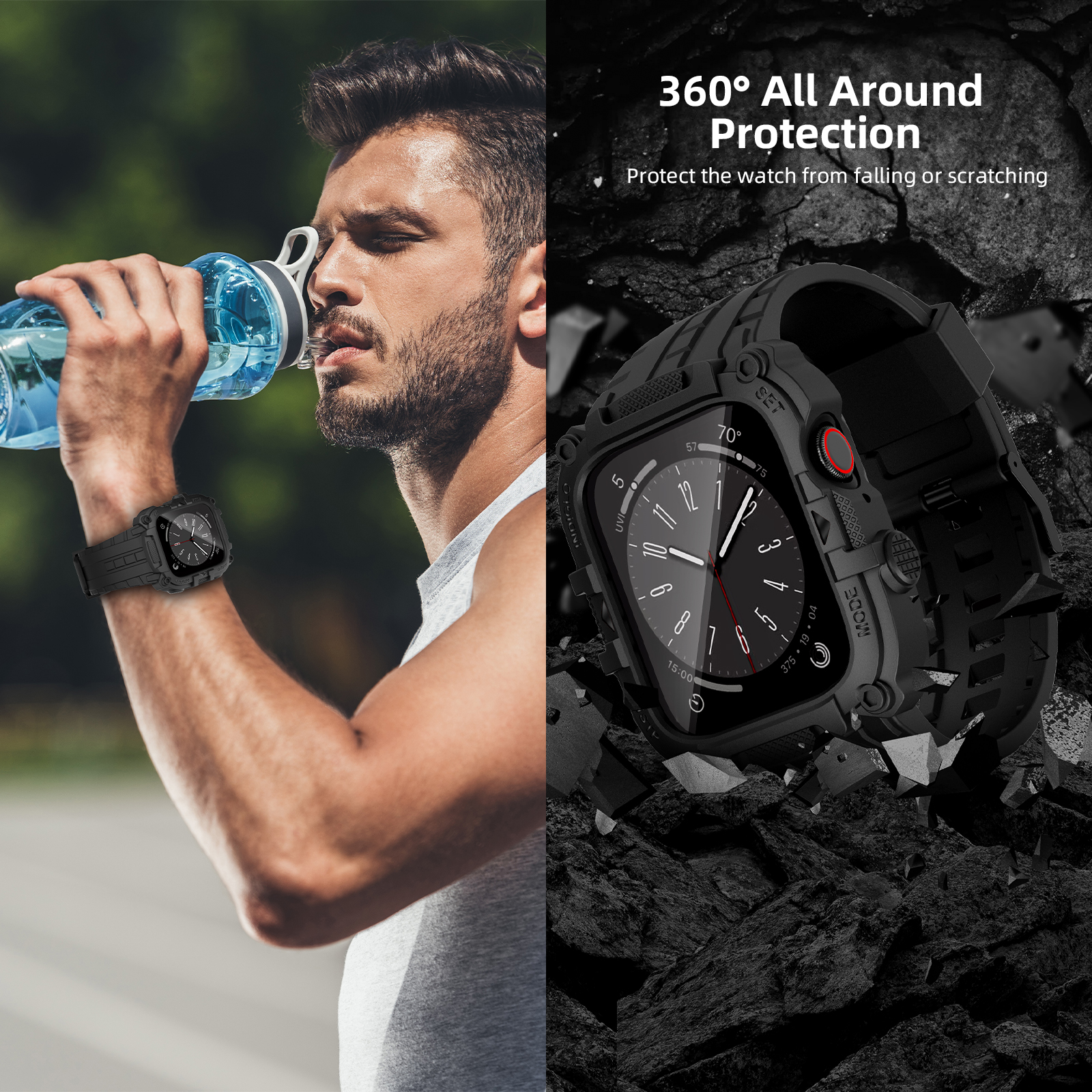 Ốp Case Kính Cường Lực tích hợp dây đeo TANK 360 cho Apple Watch Series 4/5/6/SE/7/8/9/SE1,2 Size 44mm/45mm - Hàng Chính Hãng