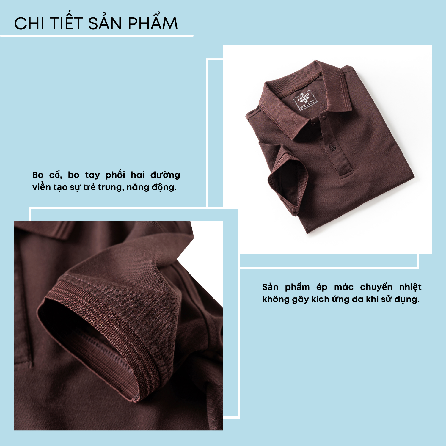 Áo thun có cổ nam màu nâu phối viền chìm ADINO vải cotton polyester mềm dáng slimfit công sở trẻ trung AP87