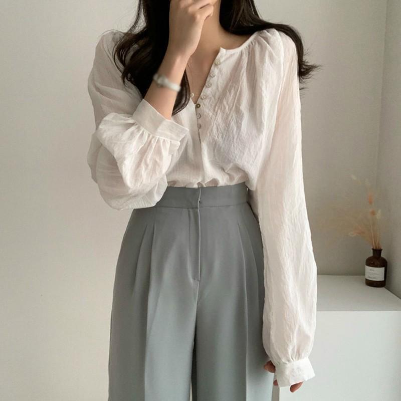 Áo sơ mi dáng rộng tay dài màu trơn phong cách đơn giản