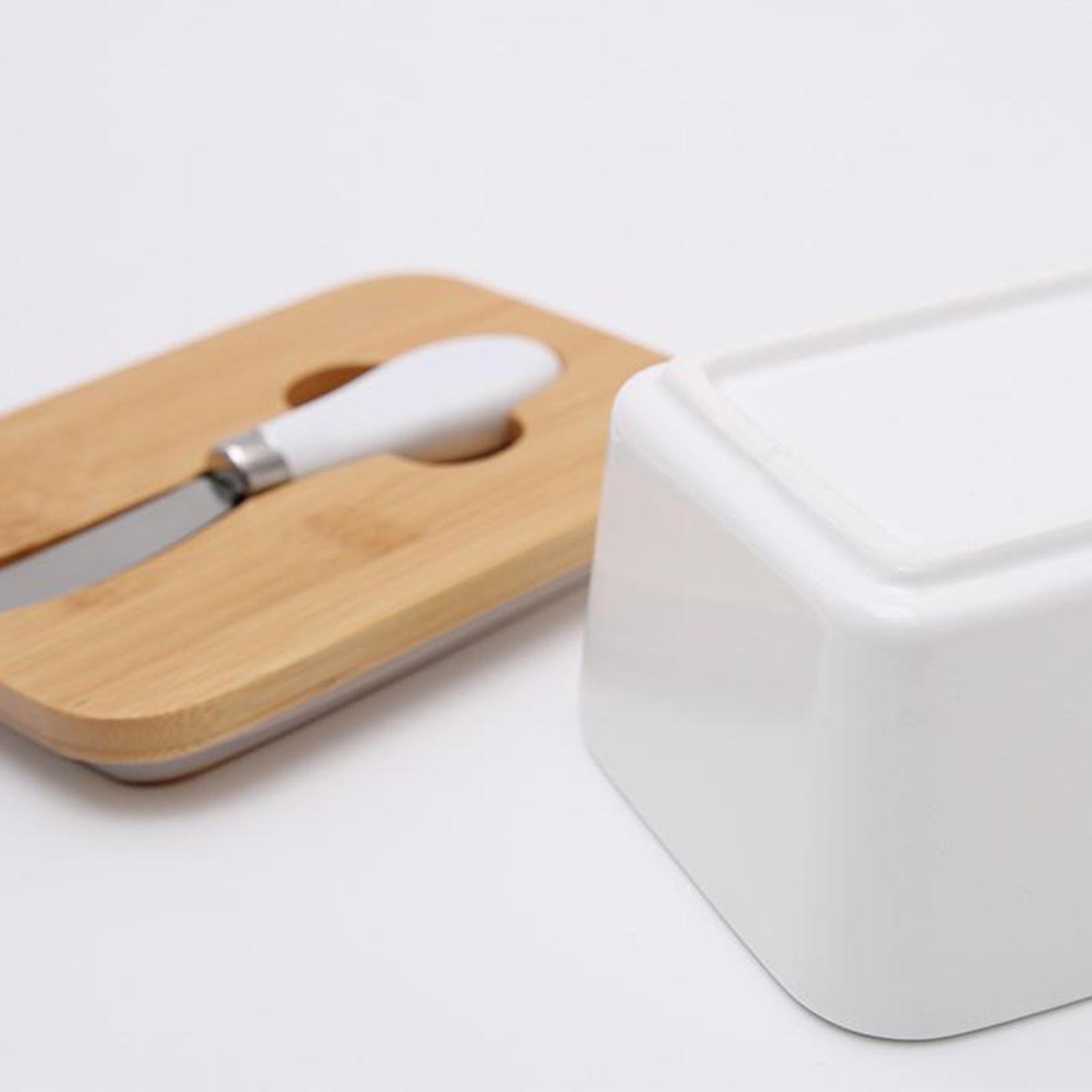 Ceramic Butter Dish Keeper with Wooden Lid and Steel Knife