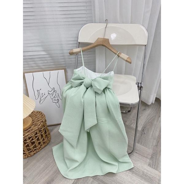 Đầm babydoll 2 dây xếp ngực dài 95cm cột nơ lưng chất xốp mềm , váy babydoll dáng xoè 2 dây xinh xỉu