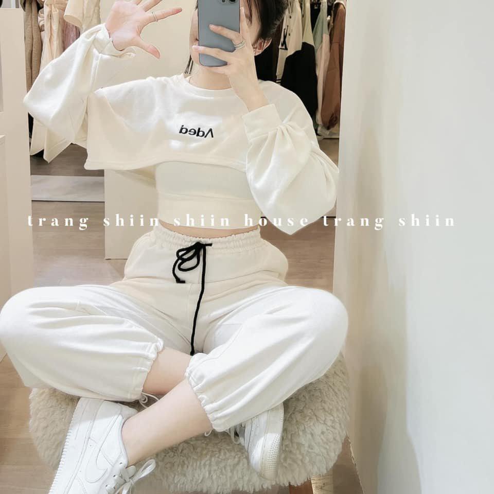 Set đồ đi biển,Sét 3 món áo croptop dài tay phồng kèm 3 lỗ phối quần bom trắng phong cách hiện đại thời trang nữ