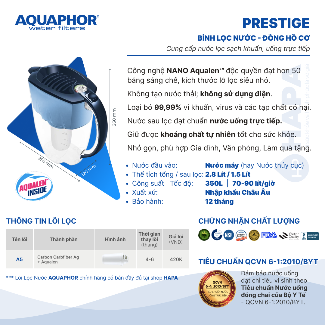 Bình Lọc Nước Uống AQUAPHOR Prestige, Provance (Provence) - Hàng Chính Hãng, Nhập khẩu Châu Âu