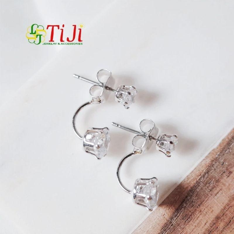 Bông tai inox nữ đá trắng kiểu cánh cung sáng đẹp không đen không gỉ sét thời trang