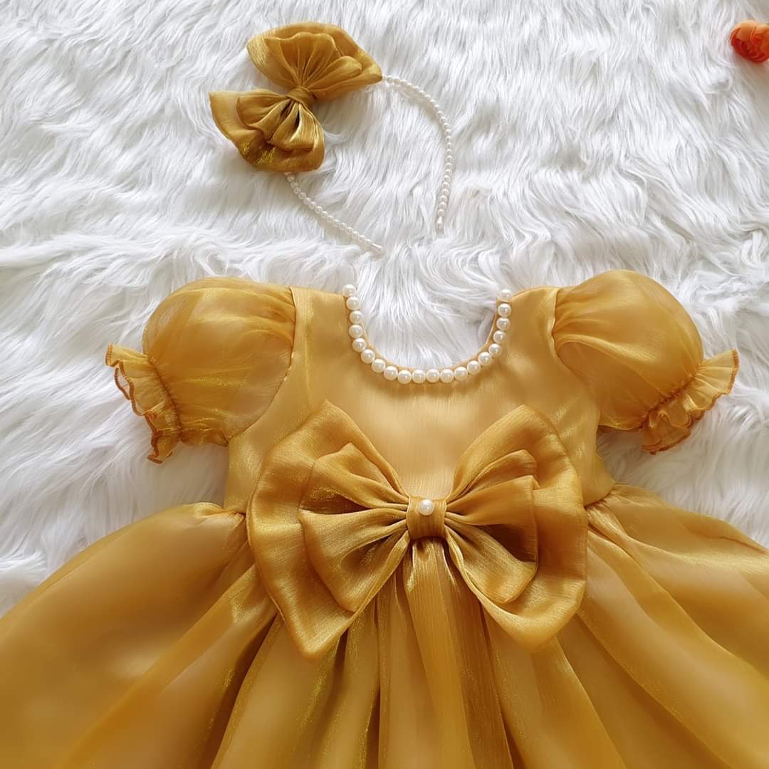 Váy Tơ Vàng Kết Cườm cho bé yêu TẶNG KÈM Nơ (HÀNG THIẾT KẾ CAO CẤP cho bé từ 4kg - 30 kg)