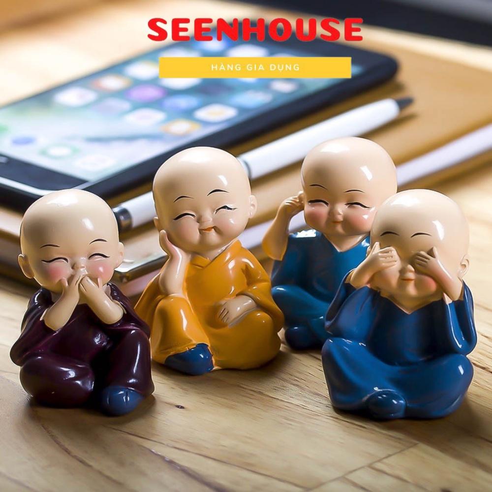 Bộ Tượng Chú Tiểu Hòa Thượng Tứ Không - Phật Phong Thủy Mini 4 Tư Thế, Trang Trí Xe Hơi, Để Bàn Làm Việc