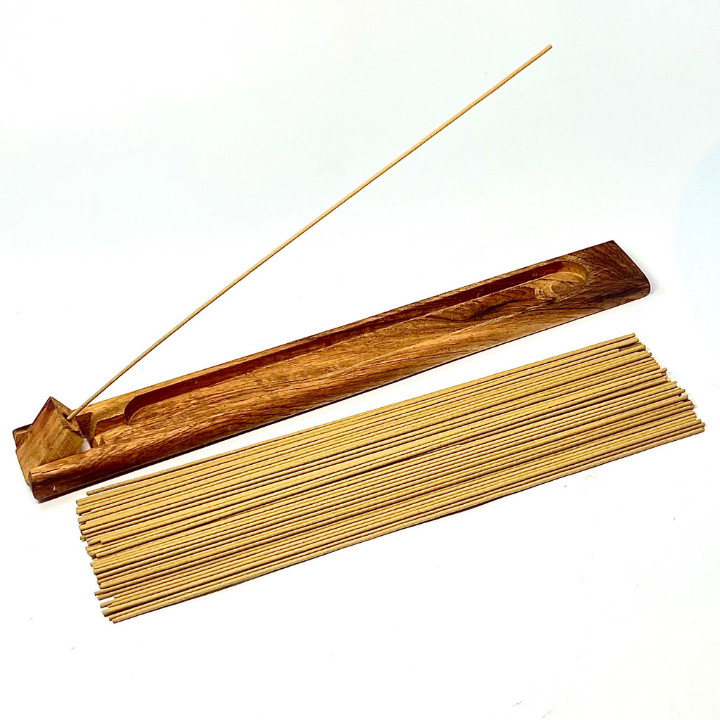 Nhang Trầm Không Tăm-Nắp Đỏ Tặng Phụ Kiện Máng Gỗ Đốt-Ống 20gr-20cm-80que-Trầm Hương Phúc Linh-Trầm Hương Nguyên Chất, Cam Kết Không Hương Liệu và Hóa Chất