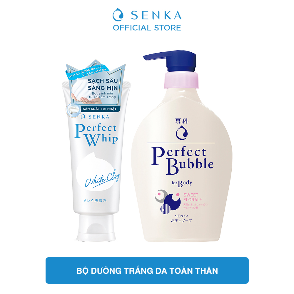 Combo Sữa tắm dưỡng ẩm Senka Perfect Whip hương hoa hồng, đinh hương 500ml và Sữa rửa mặt chiết xuất đất sét trắng Senka Perfect Whip Clay 120g