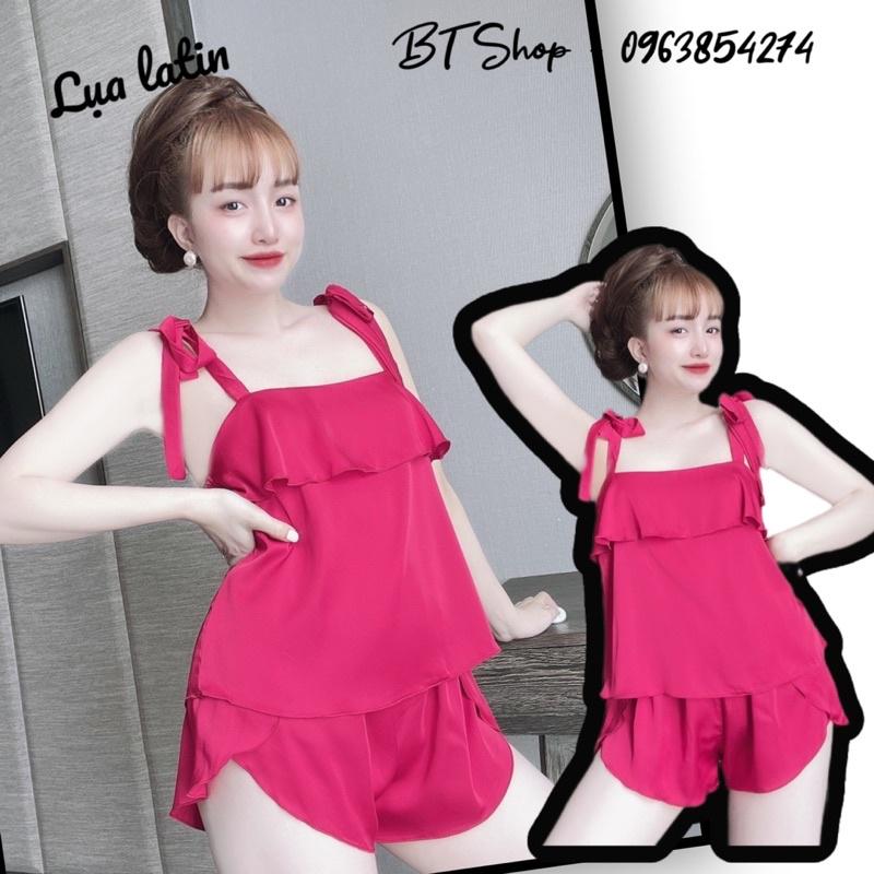 Đồ ngủ mặc nhà lụa latin trơn cột nơ quần đùi freesize 42-57kg