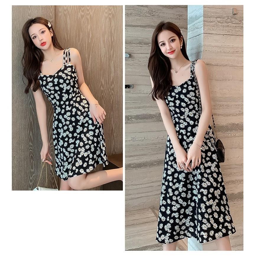 Đầm hoa cúc 2 dây dáng dài ngắn