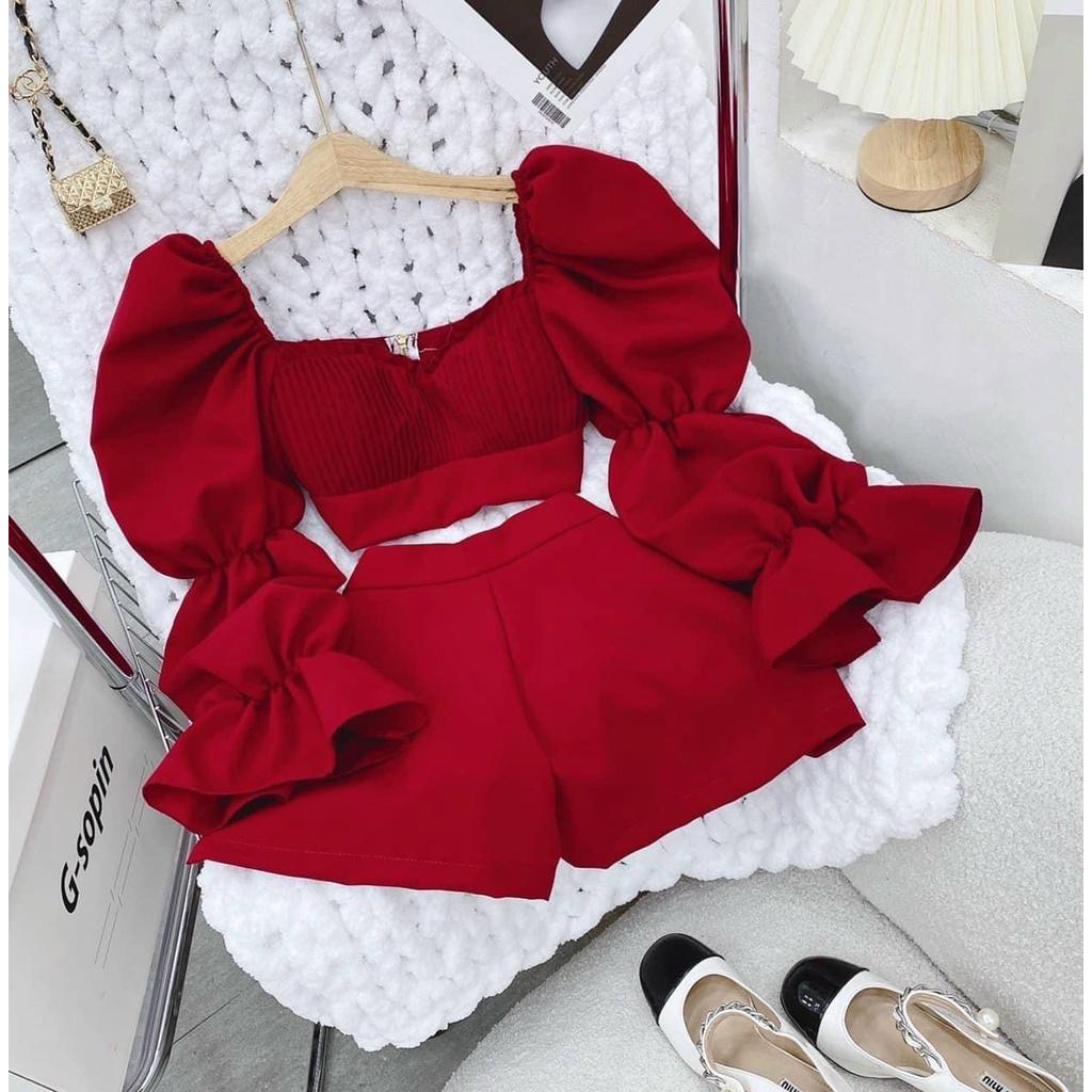 SET BỘ ĐI CHƠI, SET 2 MÓN ÁO CROPTOP CỔ VUÔNG TAY PHỒNG DÀI PHỐI QUẦN ĐÙI CỰC NỮ TÍNH