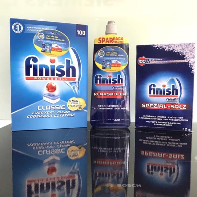 Combo: Viên rửa bát Finish Classic 100 viên+ muối finish 1,2kg + bóng 1150ml