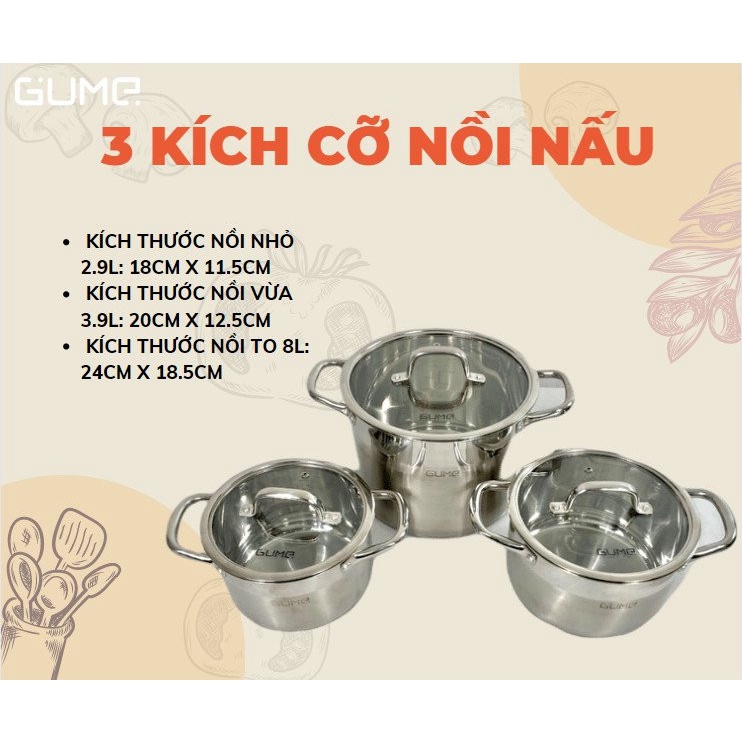 Bộ Nồi Inox 5 Món Cao Cấp GUME - Đế 5 Lớp - Hàng Nhập Hàn Quốc