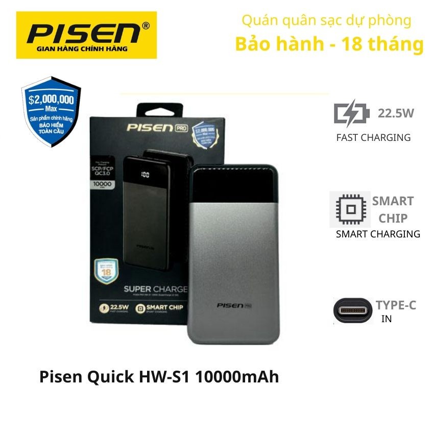 Sạc dự phòng Pisen Quick HW-S1 10000(SuperCharge 22.5W) 10000mAh, TS-D253, Sạc nhanh lên đến 18W đầu vào là 22.5W đầu ra - Pisen Quick HW-S1_Hàng chính hãng