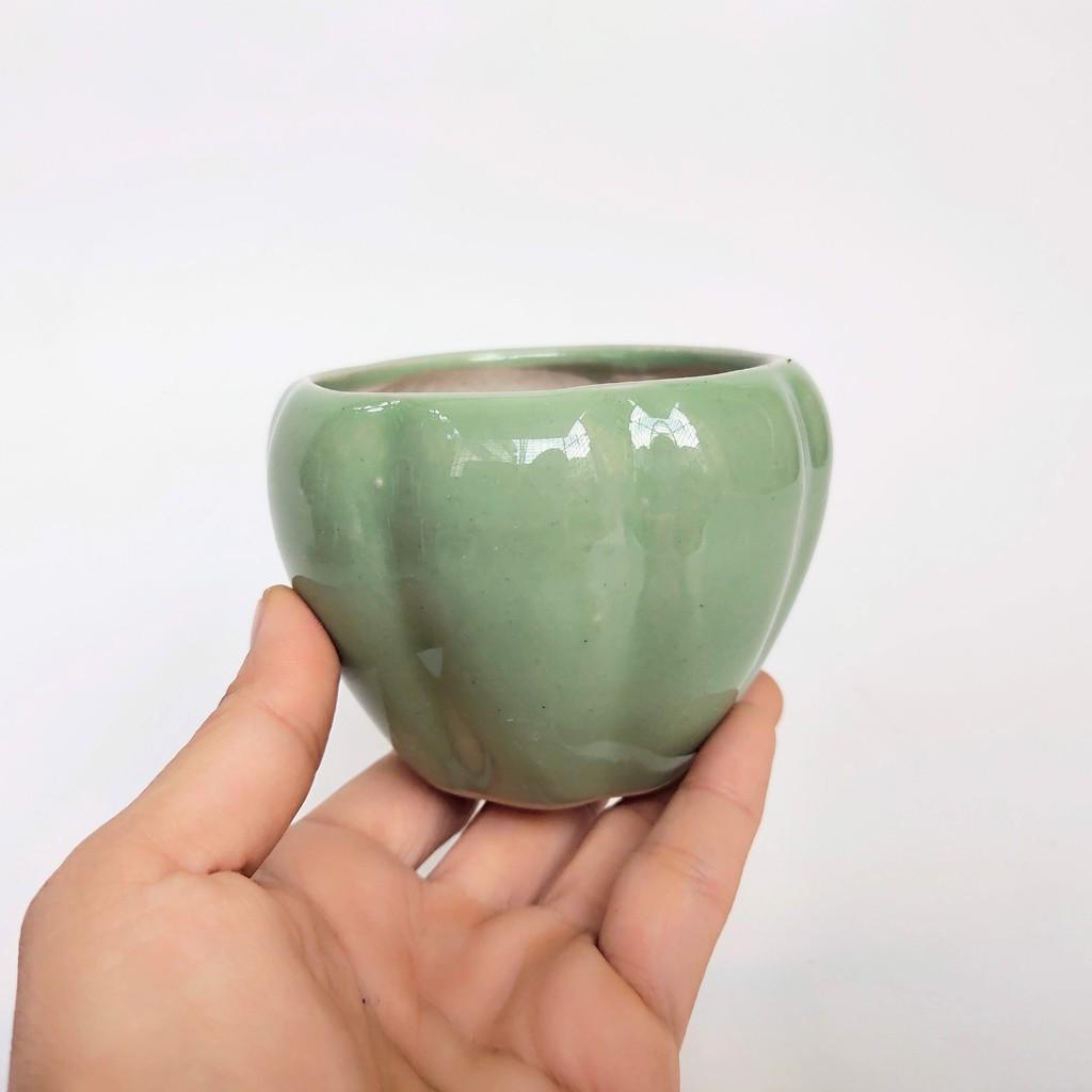 Chậu sứ mini hình quả bí ngô để bàn 8*6.5cm, sứ Bát Tràng, phù hợp trồng cây sen đá, xương rồng, cẩm nhung