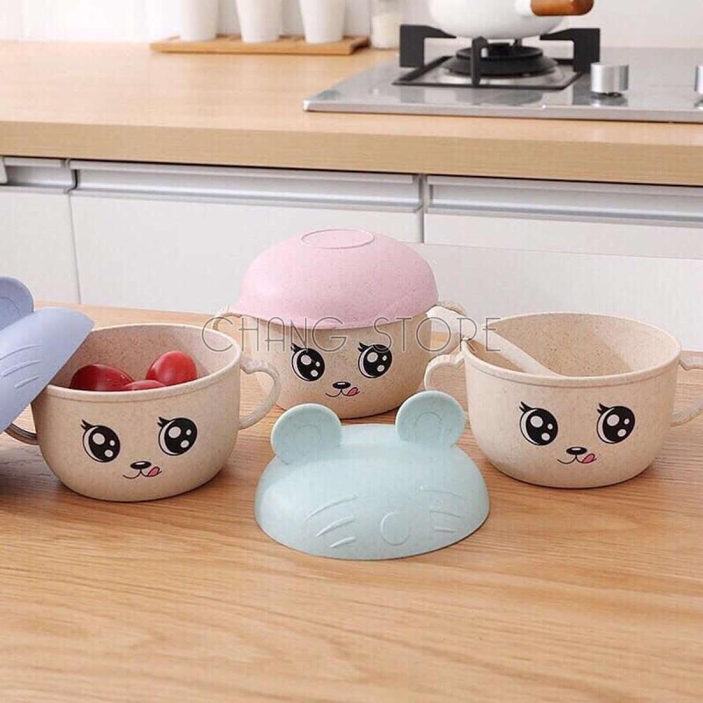 Bát Ăn Dặm Lúa Mạch Chống Nóng Có Nắp Hình Tai Thỏ Tặng Thìa Cho Bé