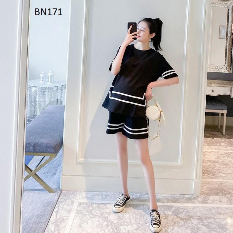 Bộ đồ bầu và sau sinh ngắn tay phối kẻ trắng trẻ trung mã BN171