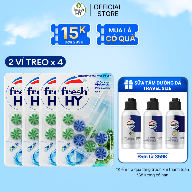 Combo 4 Viên Tẩy Bồn Cầu Fresh HY 350 Lần Xả, Làm Sạch Khuẩn & Ngăn Ngừa Mảng Bám, Khử Mùi Và Lưu Hương Thơm Mát (2 Vỉ Treo X4)