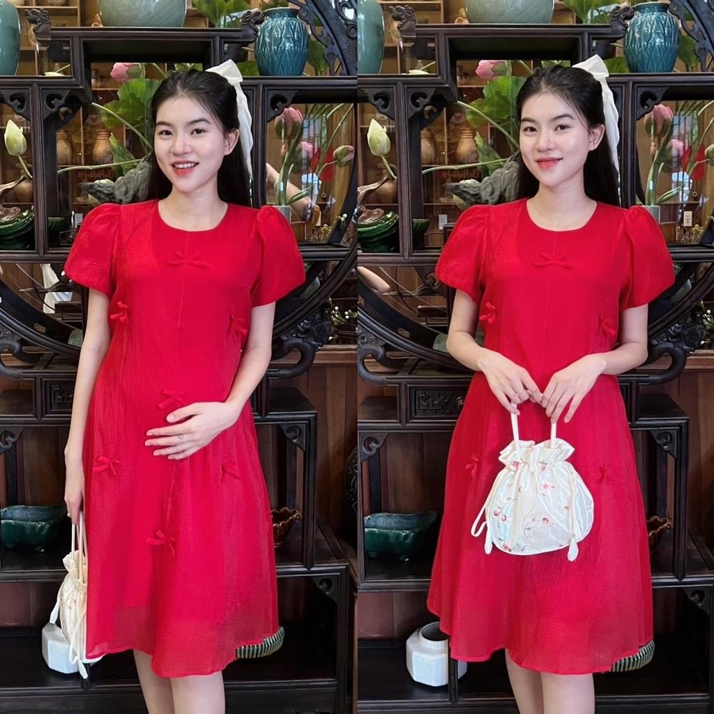 Đầm bầu tơ phom suông đính nơ nhẹ nhàng, dễ thương, sang chảnh Nữ Women - Xám