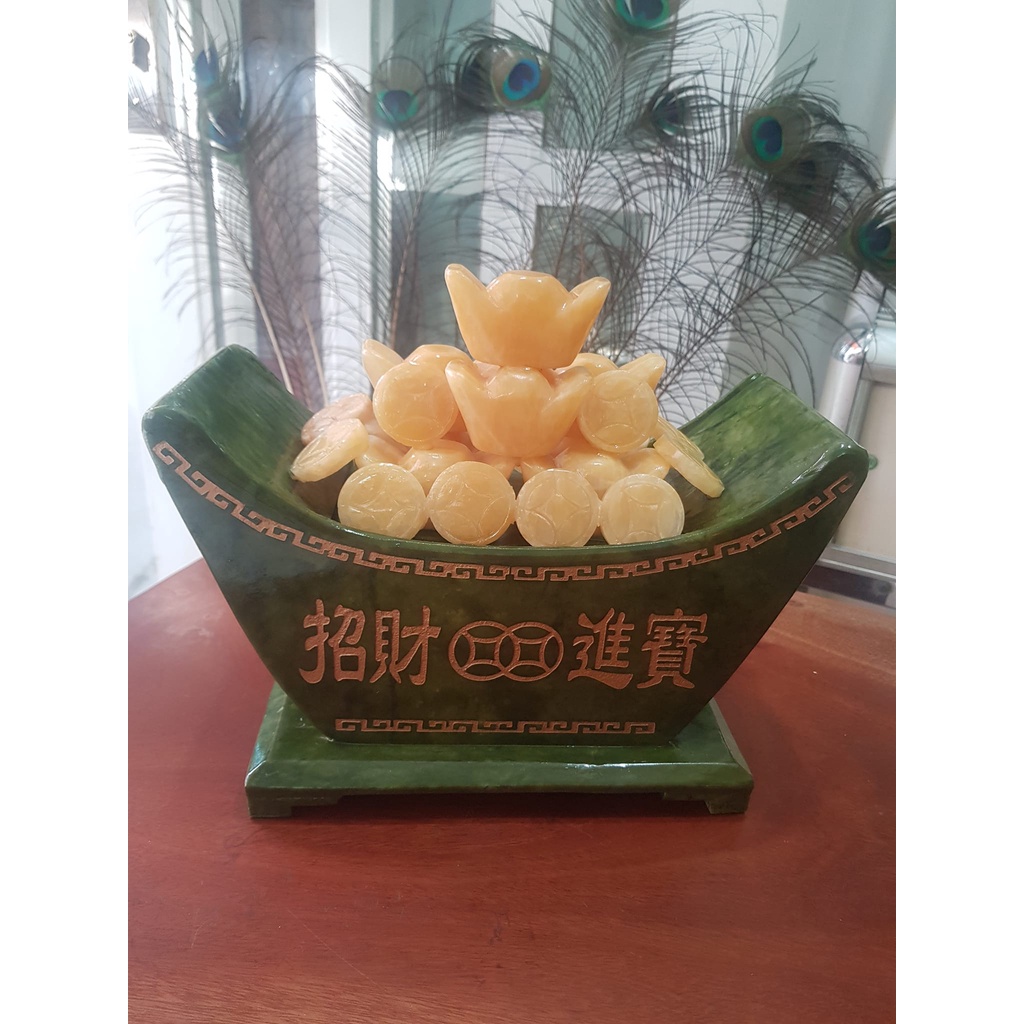 Tượng Chiếc Thuyền Phong Thủy Tài Lộc Chở Đầy Xiền Vàng Thỏi Vàng Quá Xá Đẹp Size Ngang 27cm x Cao 17cm x Sâu 13,5cm Thuyền Serpentine Xanh Thỏi Xiền vàng đẹp ơi là đẹp nặng 3,7kg may mắn tài lộc ạ