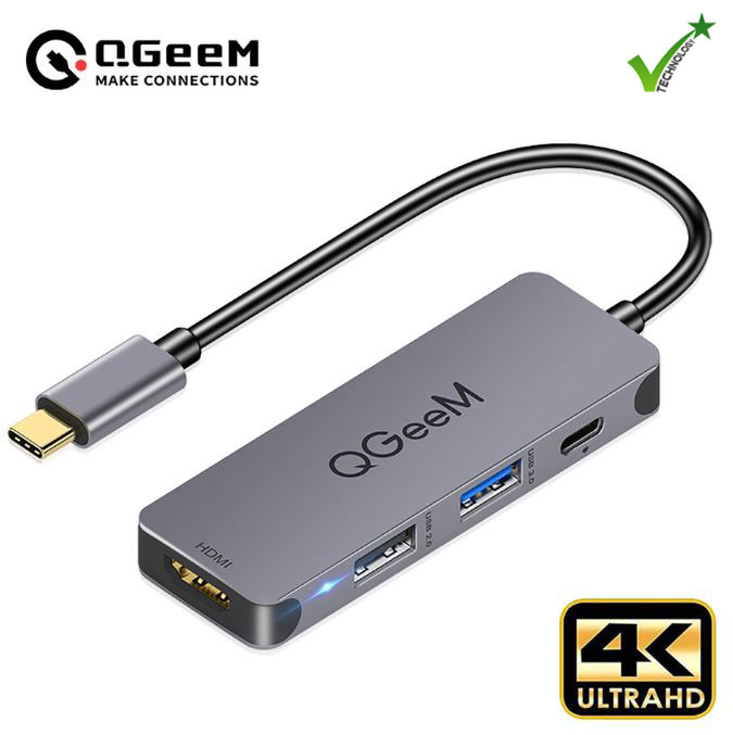 Bộ Hub Qgeem Usb - C 4 Trong1, 1Xhdmi 4K, 1Xusb - C 100W Pd Charger, 1Xusb 3.0, 1Xusb 2.0, Tương Thích Với Macbook Pro, Dell Xps, Ipad Pro, Type - C Adapter - Hàng Chính Hãng