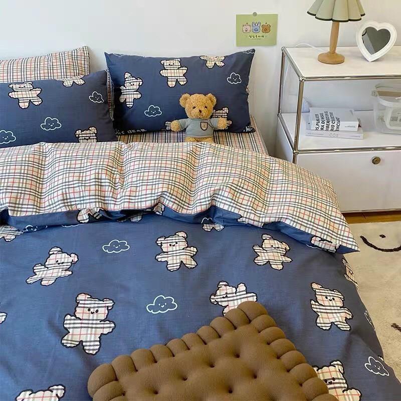 Bộ chăn ga Cotton Poly M2T bedding chăn ga Hàn Quốc gấu xanh bbr đủ size miễn phí bo chun