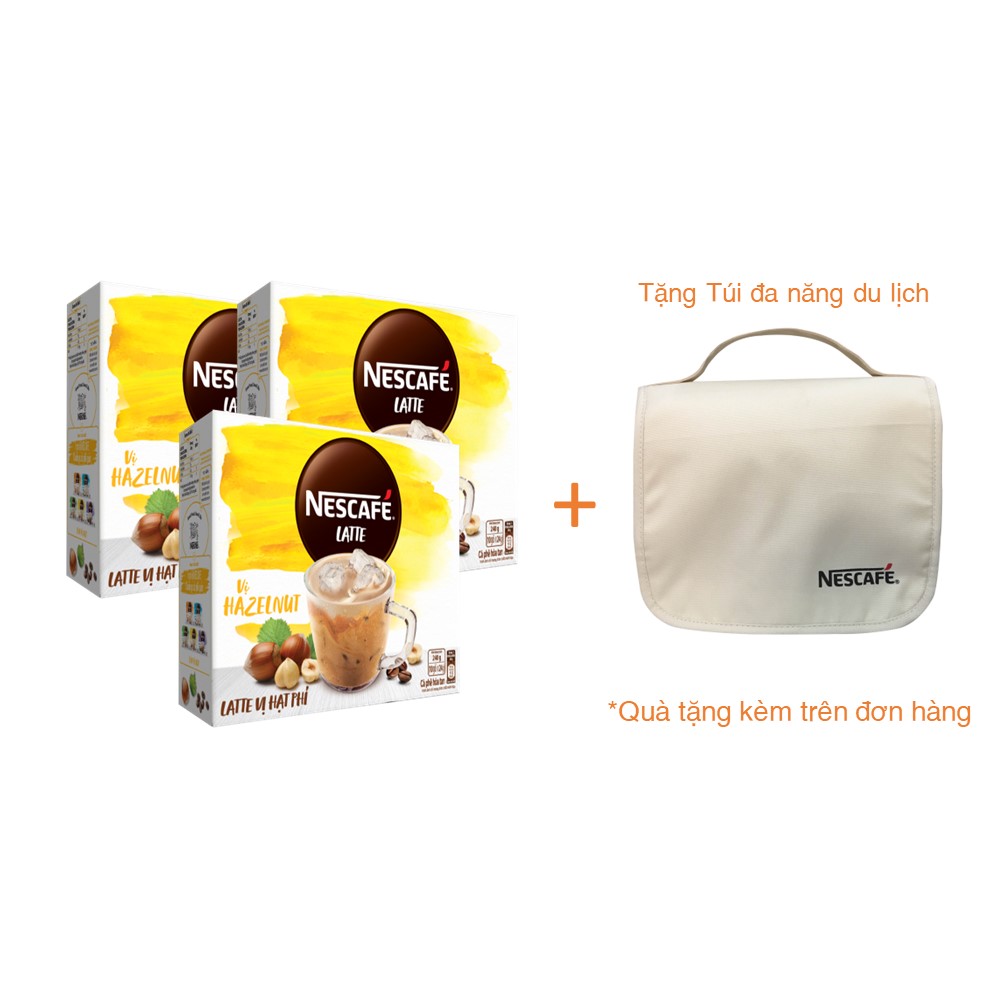 Combo 3 hộp cà phê hòa tan Nescafé Latte sữa hạt vị hạt phỉ (Hộp 10 gói x 24g) - [Tặng túi du lịch đa năng]