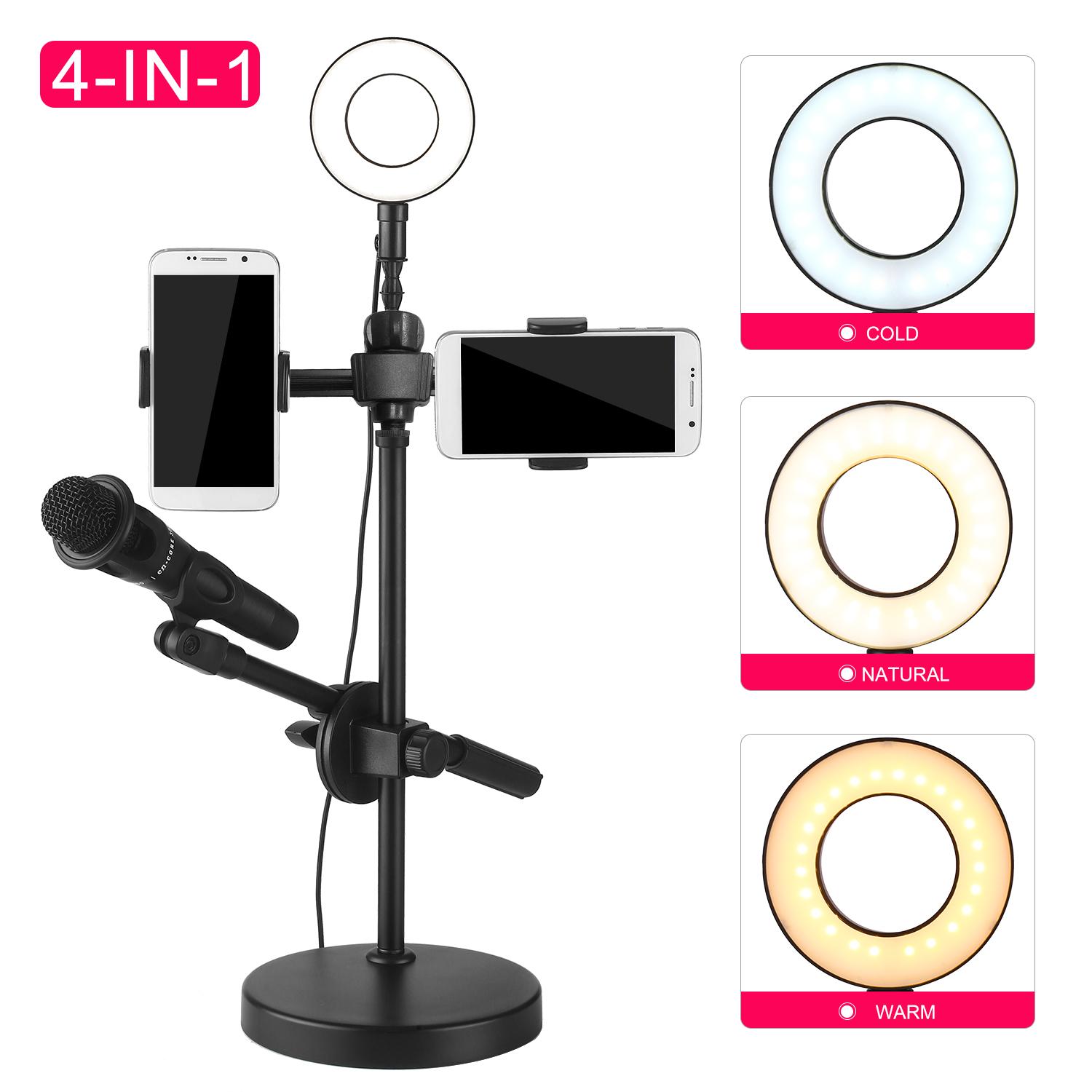 Đèn vòng tự sướng với giá đỡ điện thoại và đế micrô 3 chế độ ánh sáng 9 mức độ sáng cho video phát trực tiếp